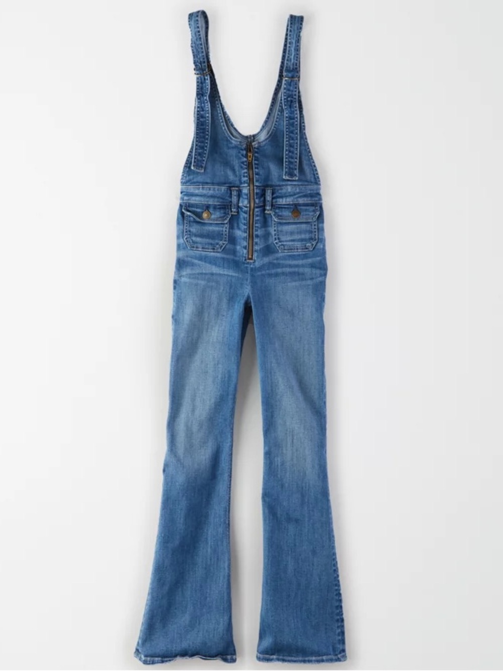 American Eagle Outfitters Blue Denim Zip-Front Flared Overalls - Picture 3 of 9